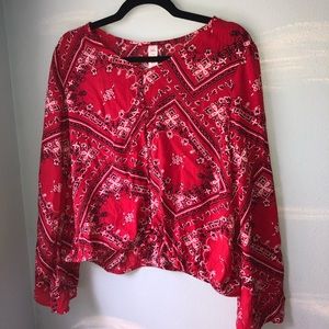 Red button down bandana print top